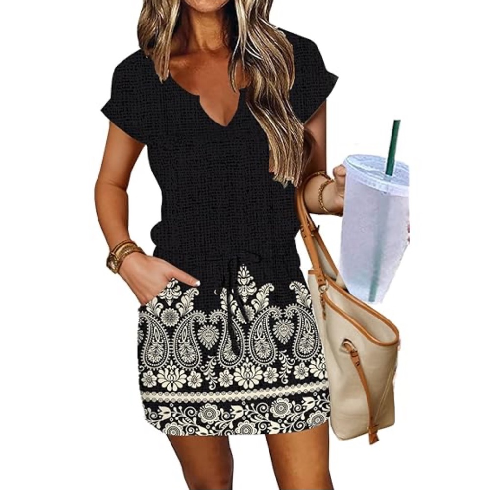 Women’s Summer Short Sleeve Dress Casual Loose Fit Drawstring Dress